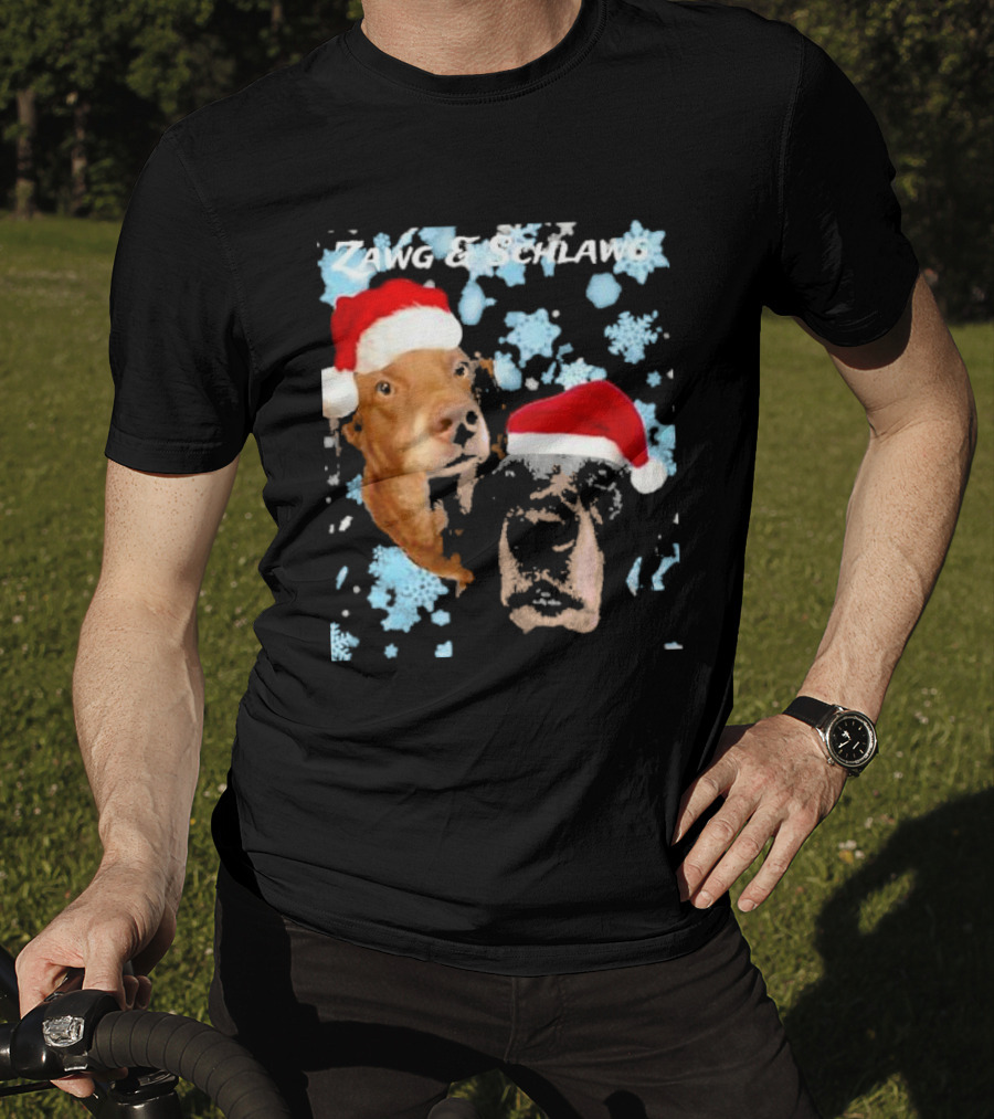 Zawg And Schlawg Christmas Dogs With Santa Hats And Snowflakes T-Shirt