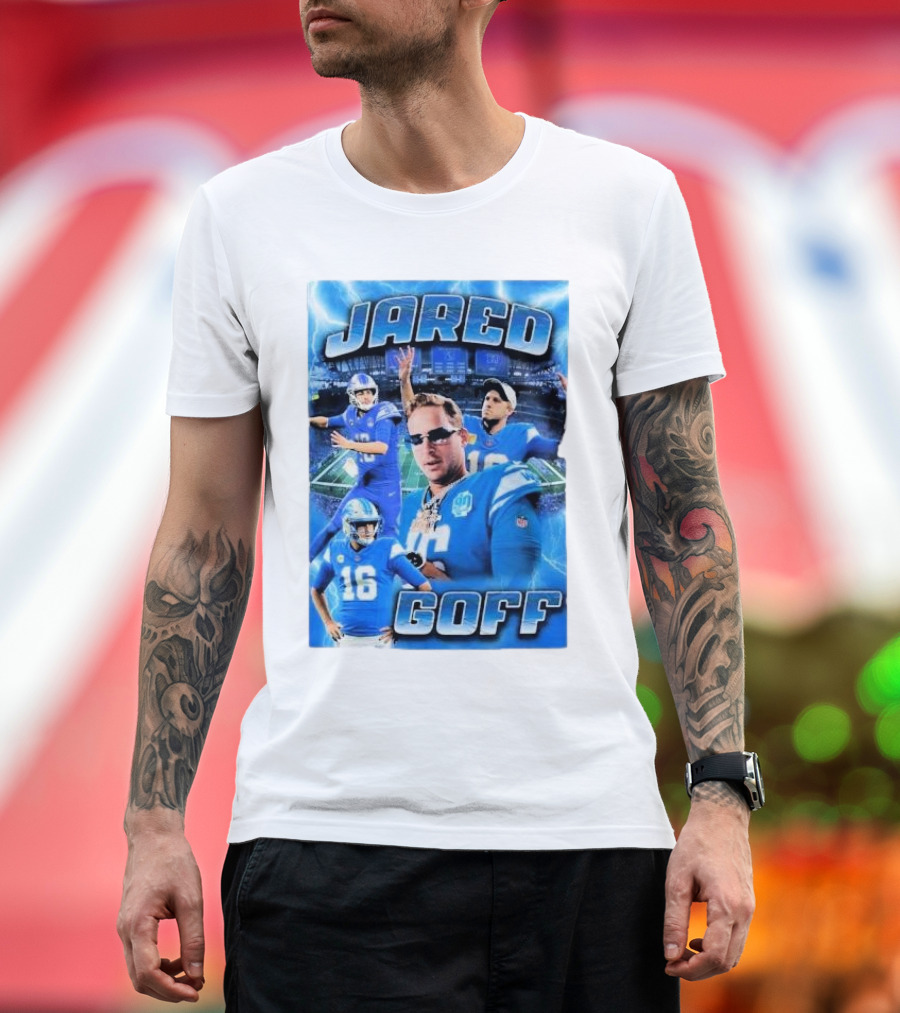 Jared Goff Detroit Lions Acid Washed Blue Quarterback Collage T-Shirt