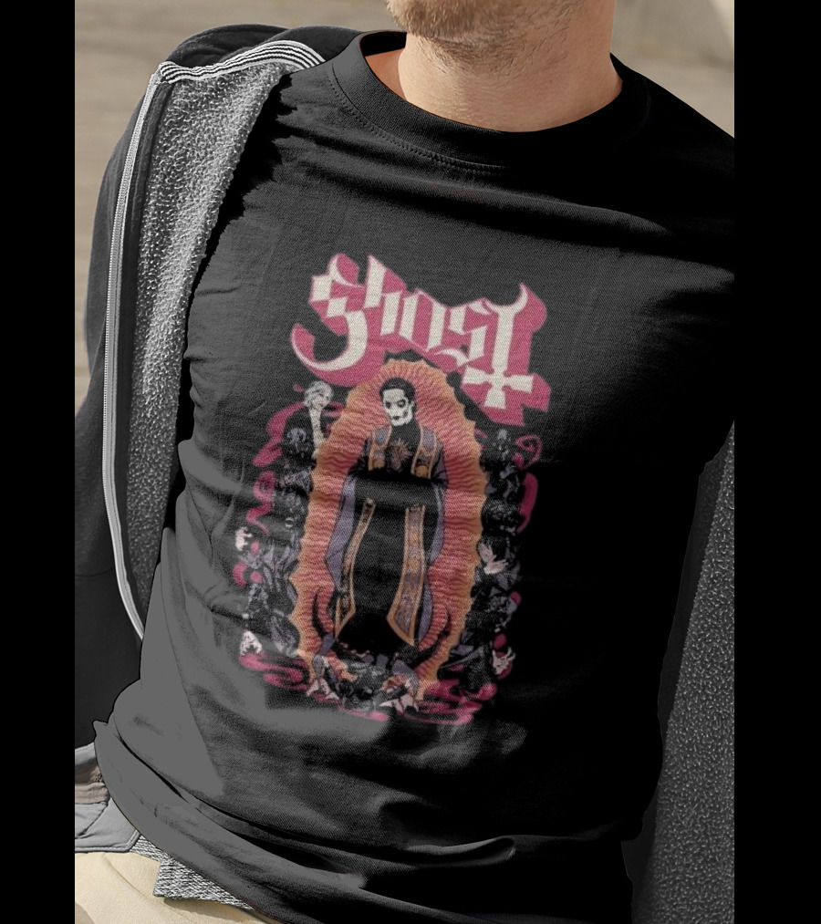 Ghost Ritual Skull Priest With Red Halo And Surrounding Figures T-Shirt