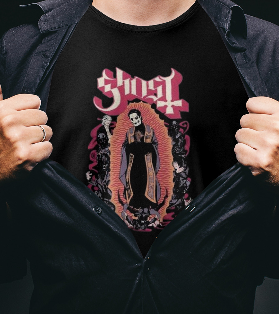 Ghost Ritual Skull Priest With Red Halo And Surrounding Figures T-Shirt
