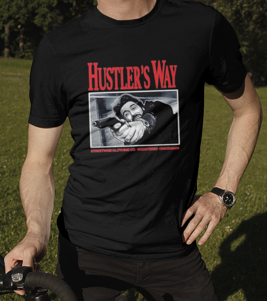 Hustler's Way Streetwise Clothing Co Registered Trademark Gunman Scene T-Shirt