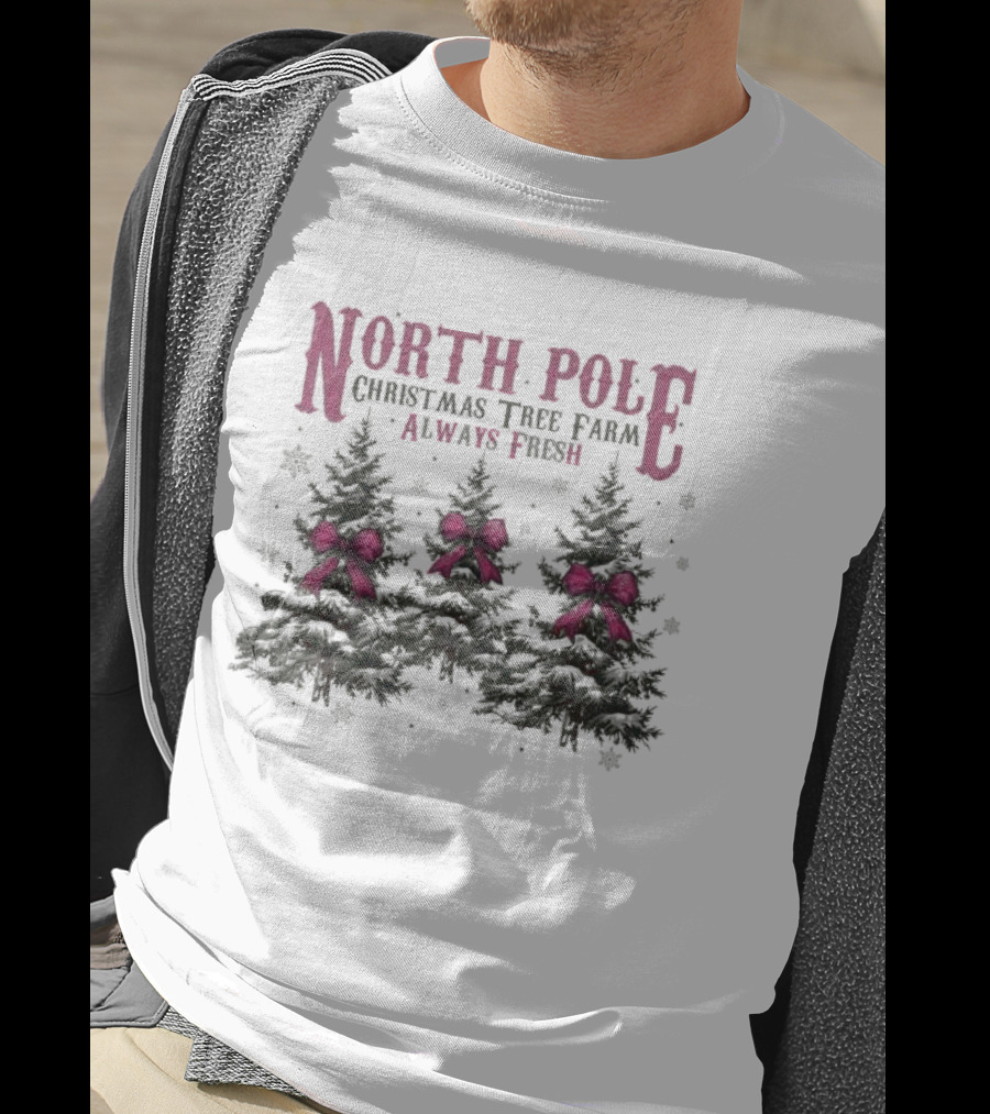 North Pole Christmas Tree Farm Always Fresh Snowy Trees With Red Bows T-Shirt