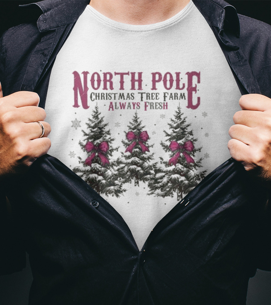 North Pole Christmas Tree Farm Always Fresh Snowy Trees With Red Bows T-Shirt