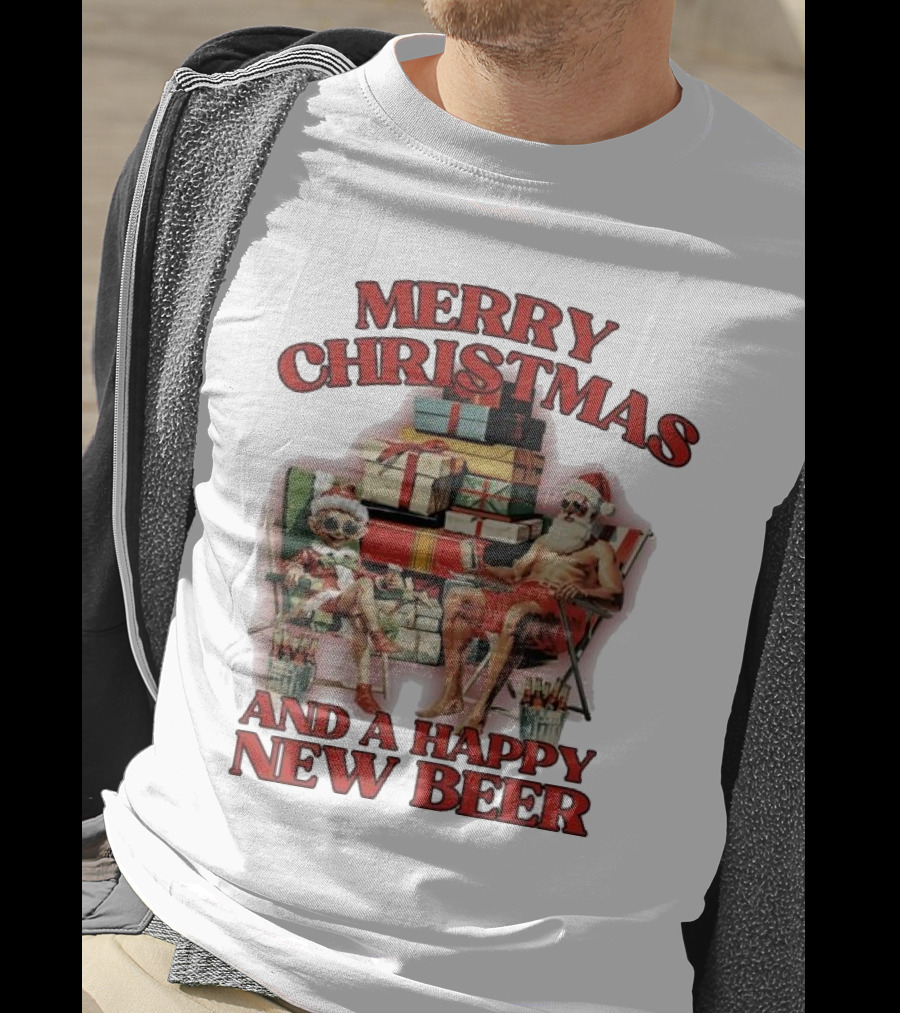 Merry Christmas And A Happy New Beer Skeleton Santa And Elf With Gifts T-Shirt