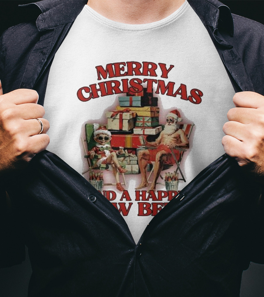 Merry Christmas And A Happy New Beer Skeleton Santa And Elf With Gifts T-Shirt
