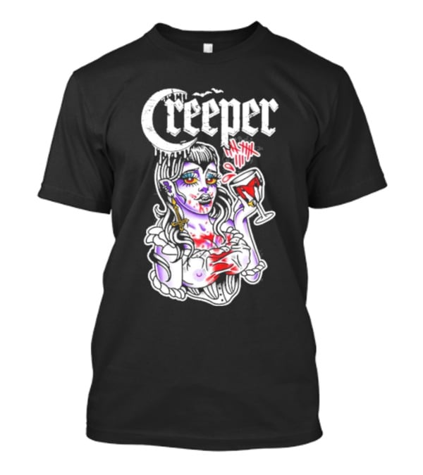 Creeper Vampire Lady With Wine Glass And Blood Splatter T-Shirt