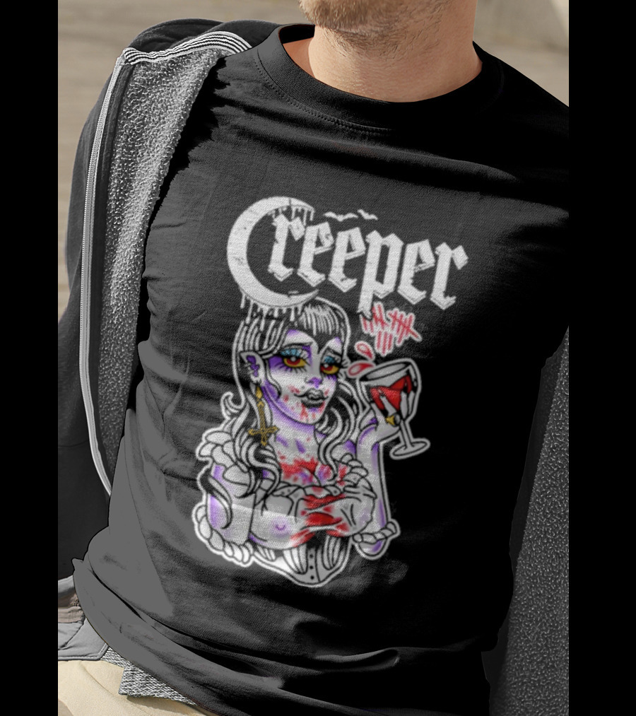 Creeper Vampire Lady With Wine Glass And Blood Splatter T-Shirt