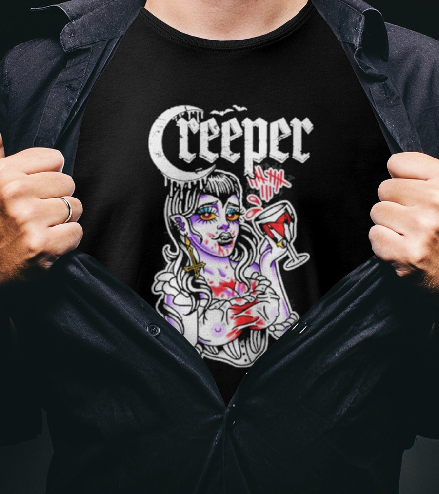 Creeper Vampire Lady With Wine Glass And Blood Splatter T-Shirt
