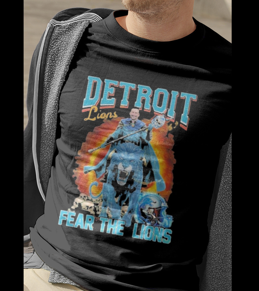 Detroit Lions Fear The Lions Blue Flame Warrior Helmets Skulls T-Shirt