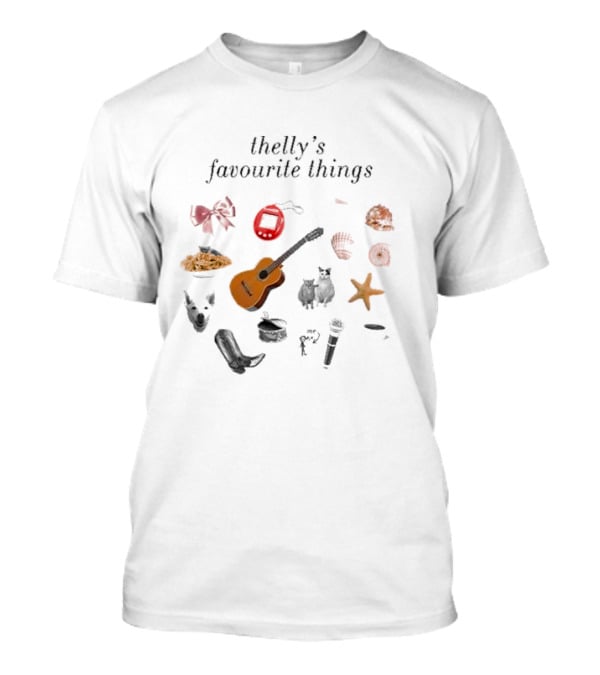 Thelly's Favourite Things Guitar Animals Microphone Starfish Shells Cowboy Boot Bow Pasta Tamagotchi T-Shirt