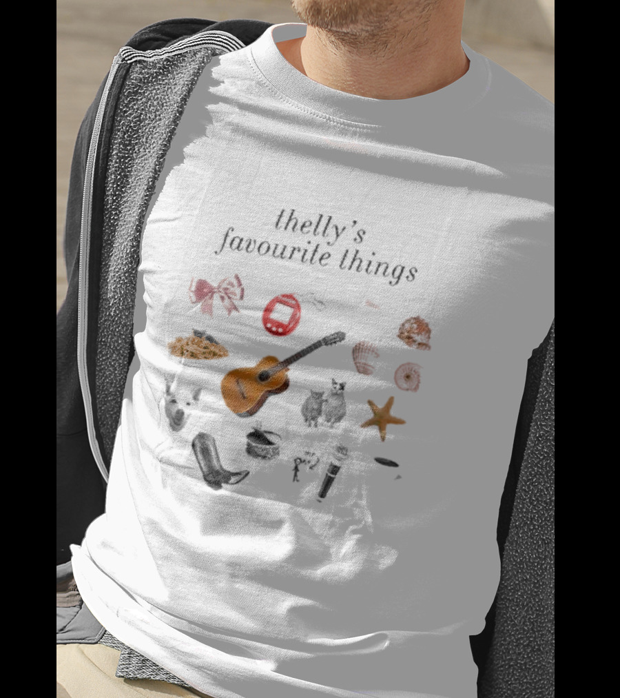 Thelly's Favourite Things Guitar Animals Microphone Starfish Shells Cowboy Boot Bow Pasta Tamagotchi T-Shirt