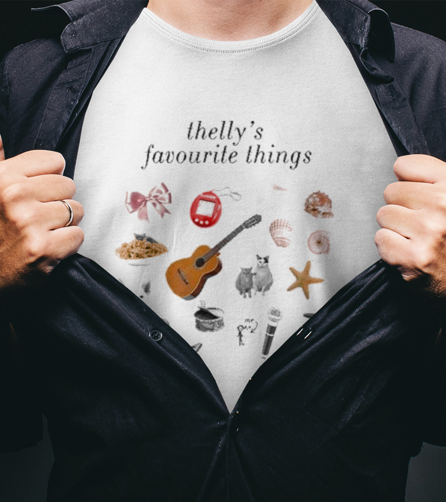 Thelly's Favourite Things Guitar Animals Microphone Starfish Shells Cowboy Boot Bow Pasta Tamagotchi T-Shirt