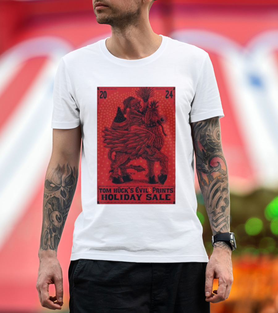 Tom Huck's Evil Prints Holiday Sale 2024 Riding Mythical Creature with Santa Figure T-Shirt