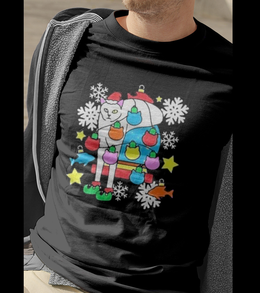 Weird Little Holiday Cat With Santa Hat And Colorful Baubles Christmas T-Shirt