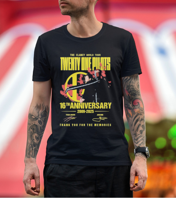 Premium T-Shirt: The Clancy World Tour Twenty One Pilots 16th Anniversary 2009-2025 Signature Thank You For The Memories T-Shirt The Clancy World Tour Twenty One Pilots 16th Anniversary 2009-2025 Signature Thank You For The Memories T-Shirt