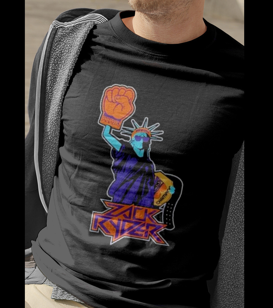 Zack Ryder Fashioned Liberty Holding Champion Belt Statue T-Shirt