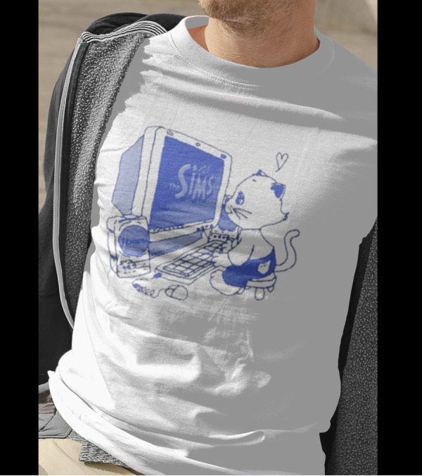 The Sims Loading Screen Cat Computer 90s Nostalgia Blue Graphics T-Shirt