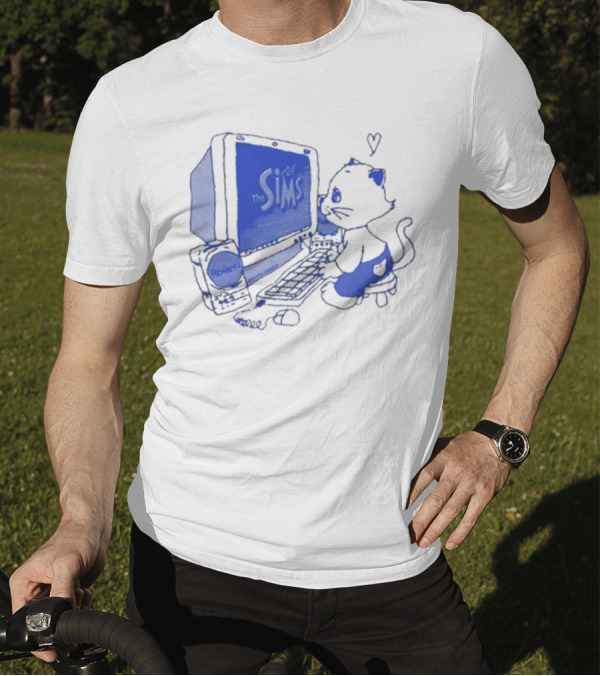 The Sims Loading Screen Cat Computer 90s Nostalgia Blue Graphics T-Shirt