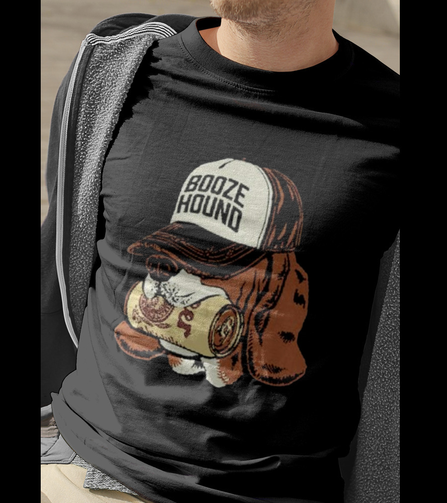 Booze Hound Dog Wearing Cap Holding Beer Can T-Shirt