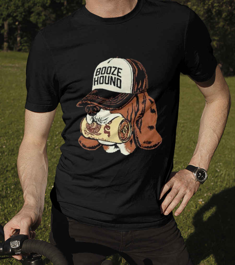 Booze Hound Dog Wearing Cap Holding Beer Can T-Shirt