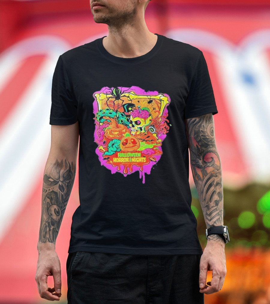 Halloween Horror Nights 2024 Lil’ Boo Neon Skull Pumpkin Spooky Scene T-Shirt
