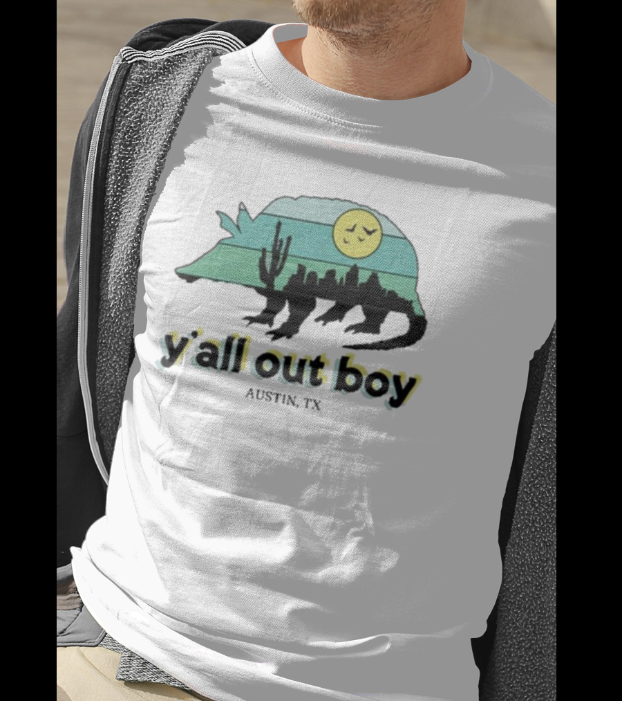 Y'all Out Boy Armadillo Austin TX Blue Gold Cactus Moon Skyline T-Shirt