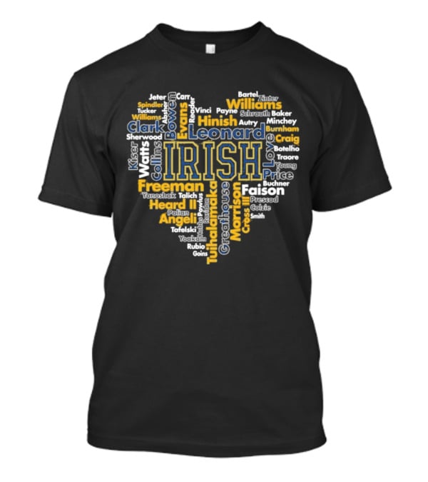 Notre Dame Fighting Irish Heart-Shaped Word Cloud Featuring Player Names For Fans And Supporters T-Shirt