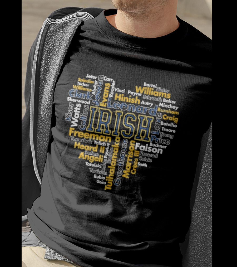 Notre Dame Fighting Irish Heart-Shaped Word Cloud Featuring Player Names For Fans And Supporters T-Shirt