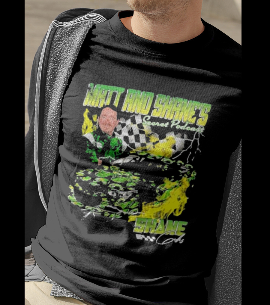 Matt And Shane's Secret Podcast Racing Theme With Flames And Checkered Flag T-Shirt