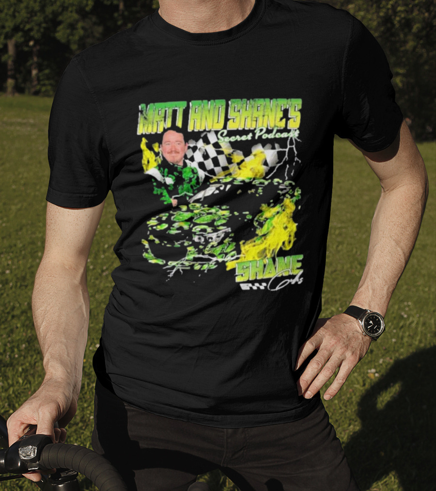 Matt And Shane's Secret Podcast Racing Theme With Flames And Checkered Flag T-Shirt
