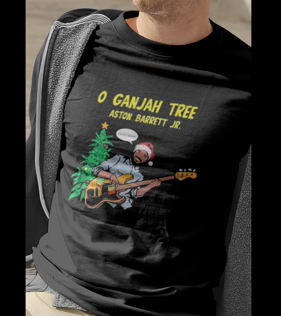O Ganjah Tree Holiday Christmas Aston Barrett Jr Santa Hat Playing Guitar T-Shirt