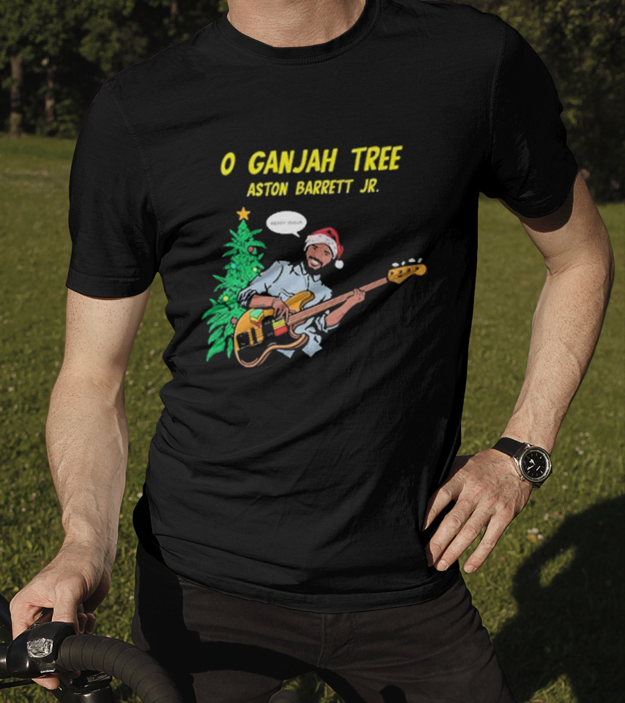 O Ganjah Tree Holiday Christmas Aston Barrett Jr Santa Hat Playing Guitar T-Shirt