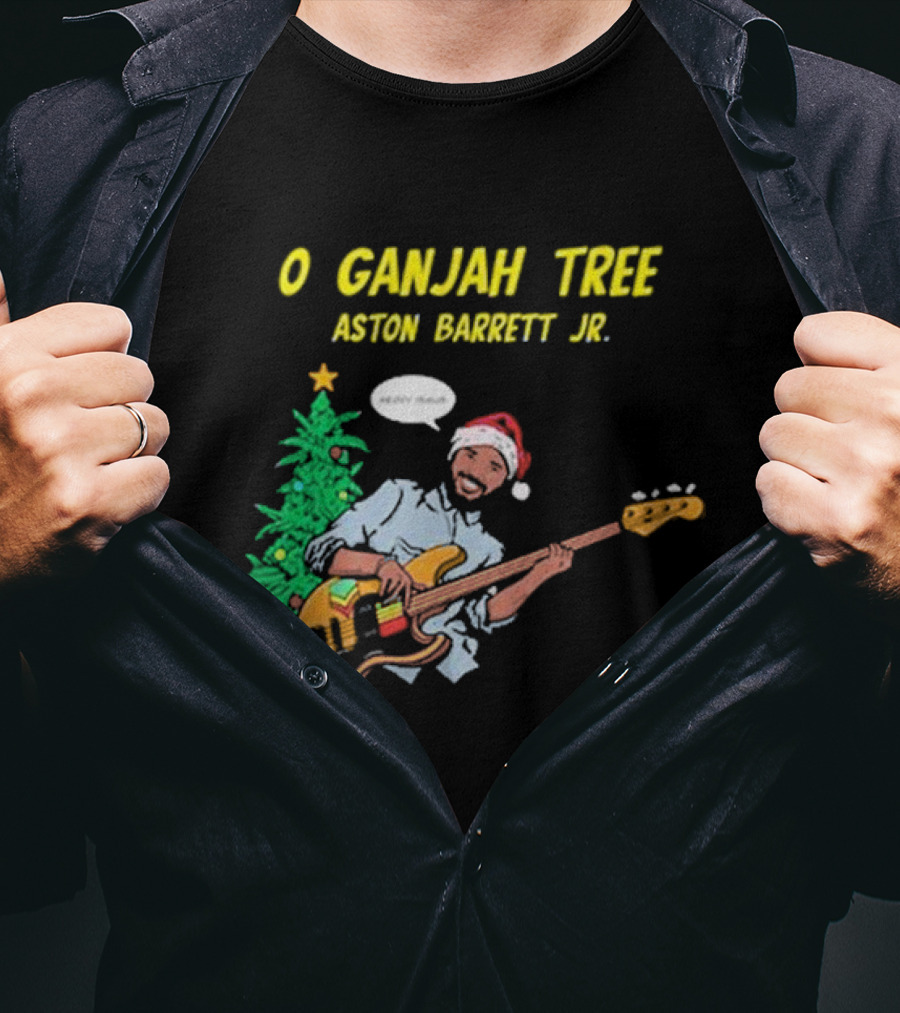 O Ganjah Tree Holiday Christmas Aston Barrett Jr Santa Hat Playing Guitar T-Shirt