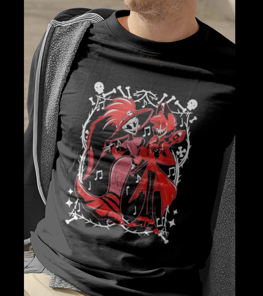 Hazbin Hotel Rosie And Alastor With Musical Notes And Skull Border T-Shirt