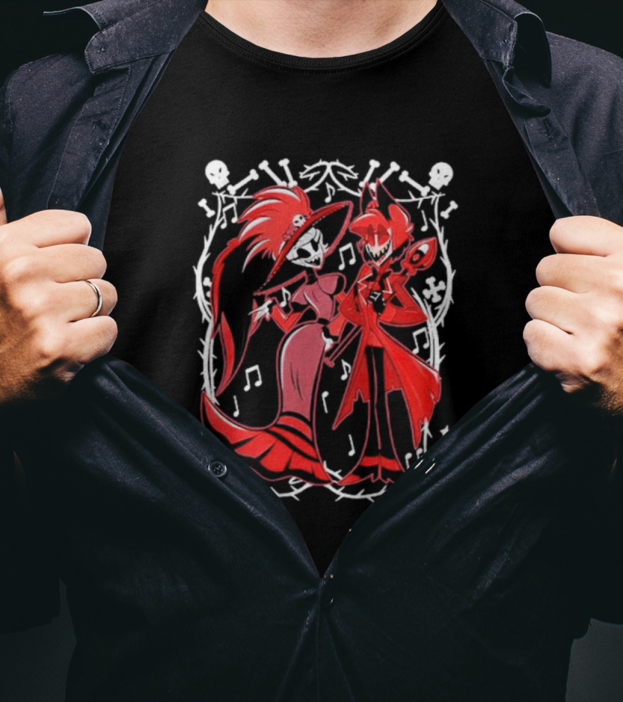 Hazbin Hotel Rosie And Alastor With Musical Notes And Skull Border T-Shirt