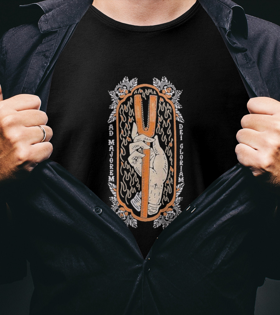 Ad Majorem Dei Gloriam Hook And Irons Hand With Flames And Roses T-Shirt