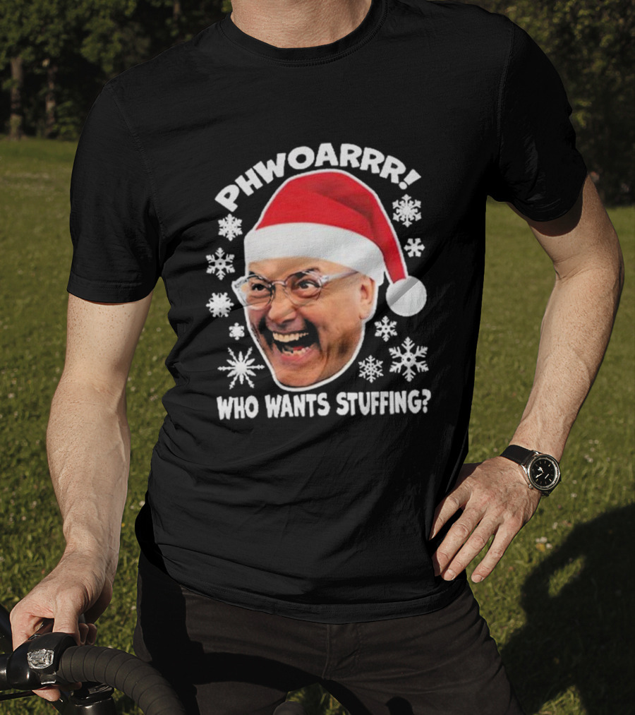 Phwoarrr Gregg Wallace Who Wants Stuffing Snowflakes Santa Hat T-Shirt