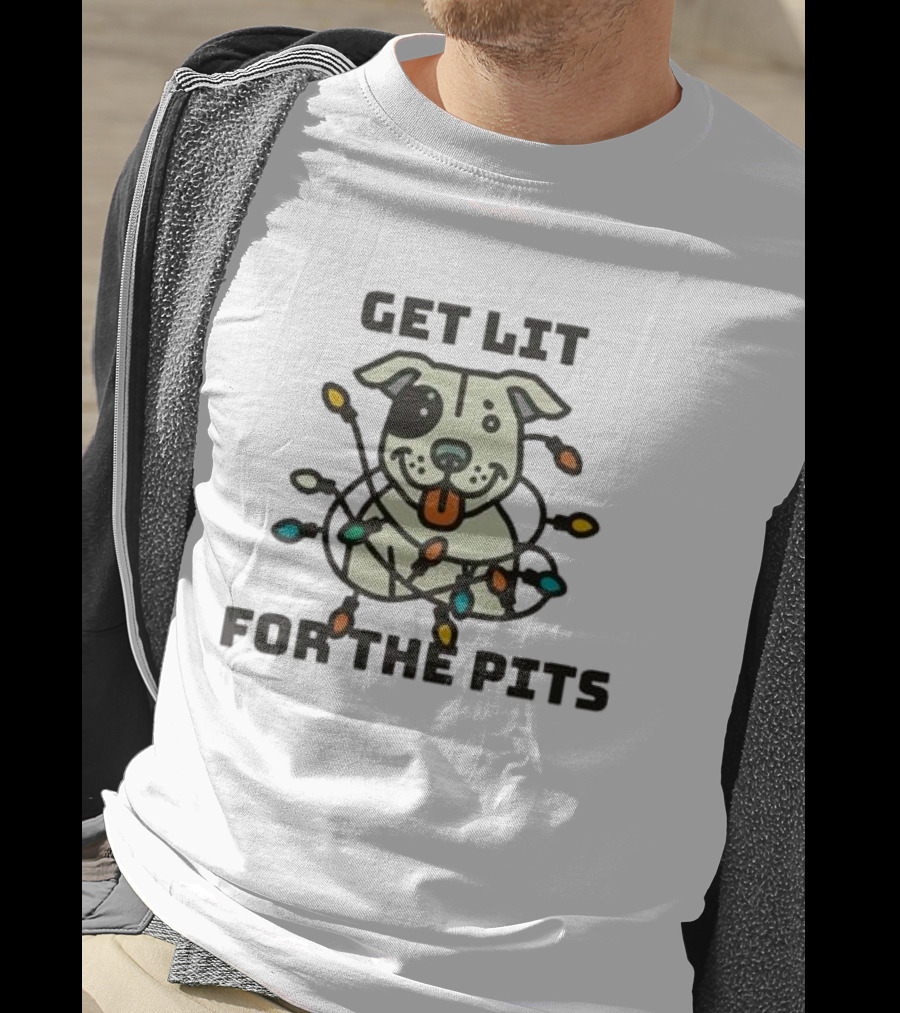 Get Lit For The Pits Holiday Fundraiser With Festive Dog And Colorful Lights T-Shirt