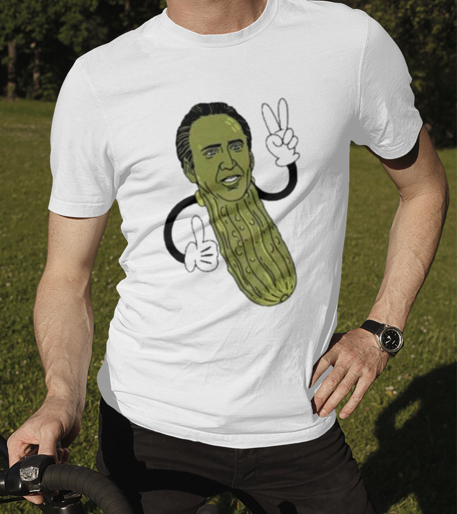 Picolas Cage Nick Cage Pickle Character With Peace Sign Christmas T-Shirt