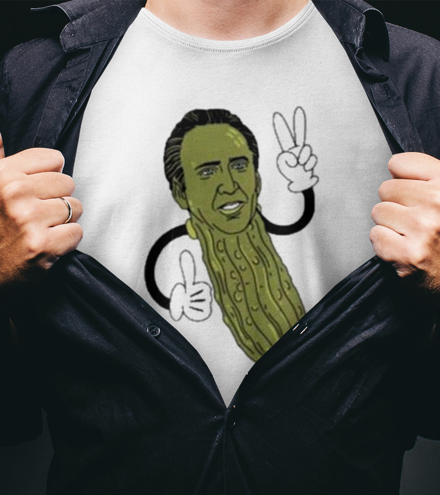 Picolas Cage Nick Cage Pickle Character With Peace Sign Christmas T-Shirt