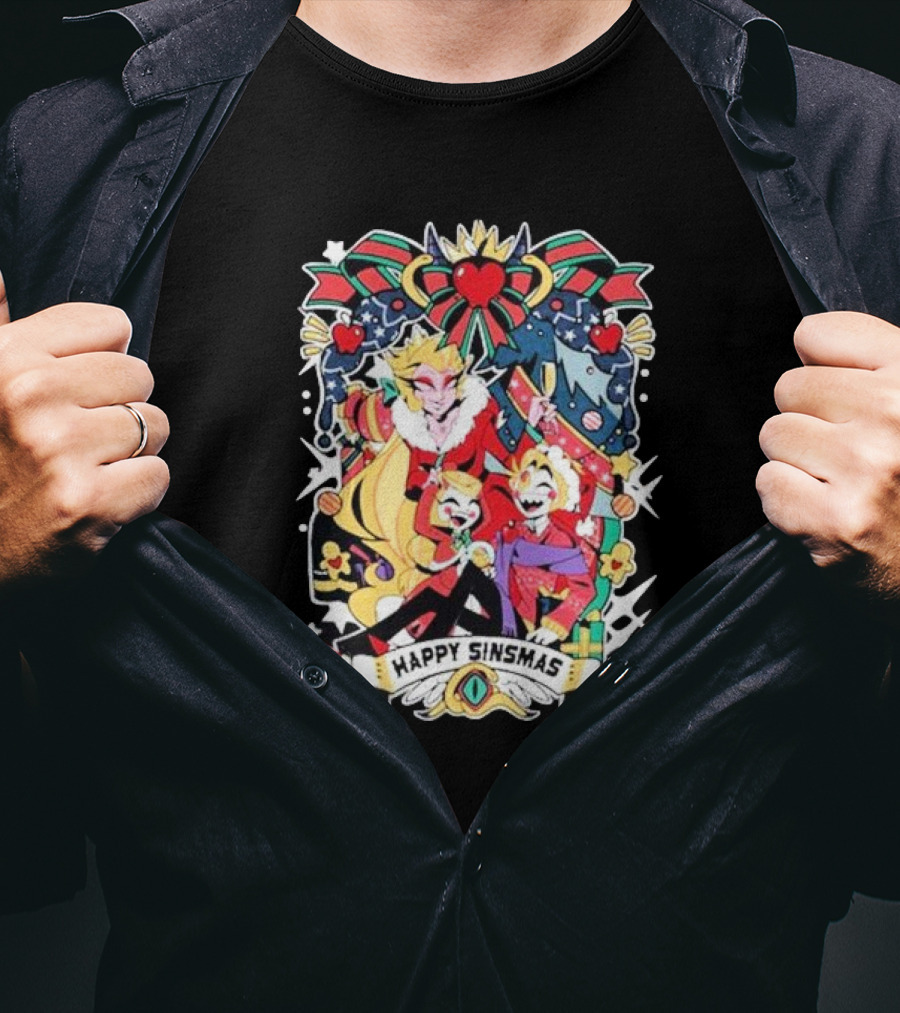 Hazbin Hotel Happy Sinsmas Christmas Celebration With Characters And Holiday Decorations T-Shirt