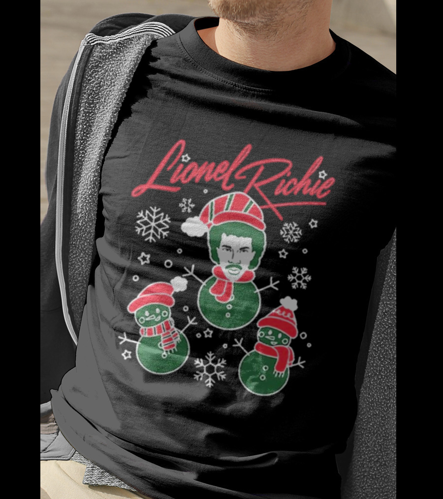 Lionel Richie Festive Snowman Trio With Red And Green Accents T-Shirt