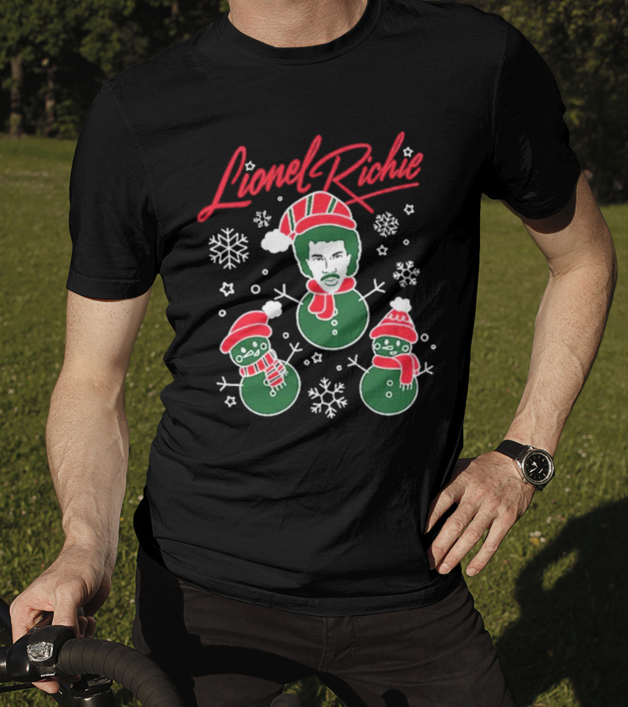Lionel Richie Festive Snowman Trio With Red And Green Accents T-Shirt