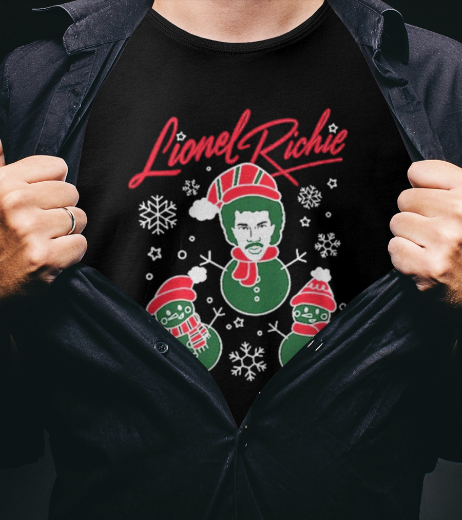 Lionel Richie Festive Snowman Trio With Red And Green Accents T-Shirt