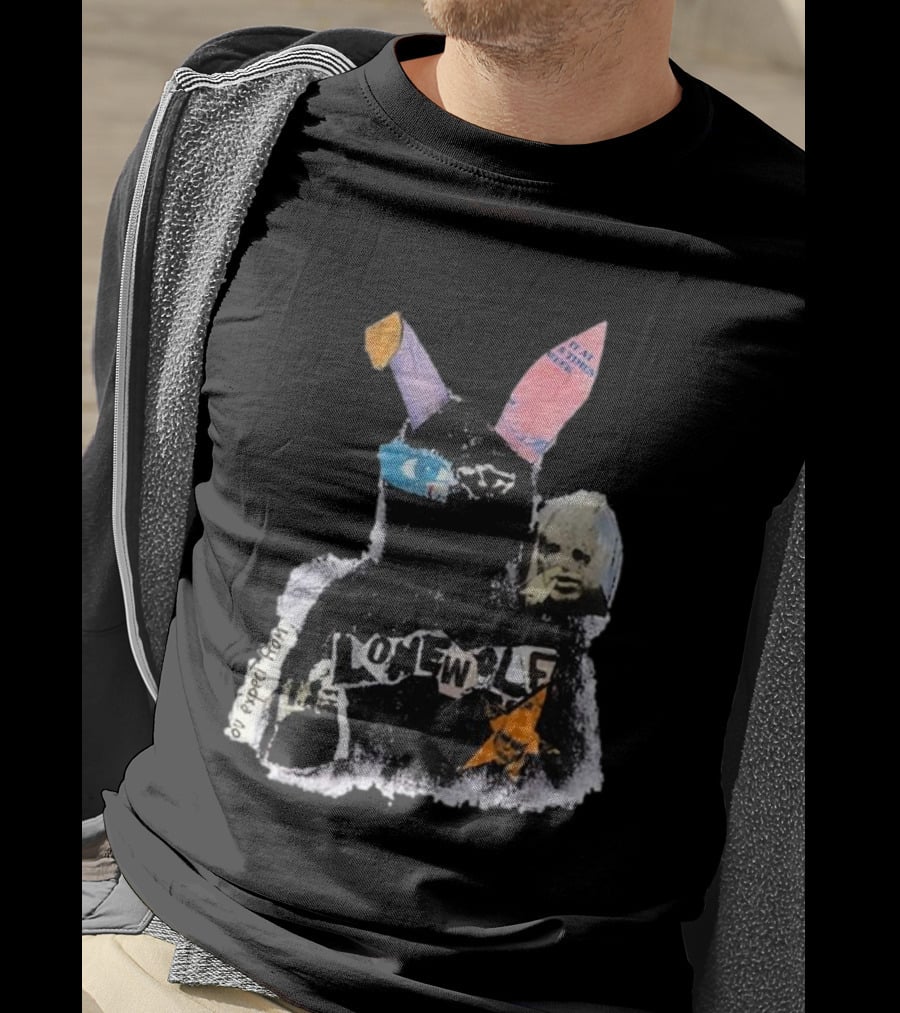 Lonewolf Bunn Psychedelic Collage With Earpiece Text And Star Elements T-Shirt
