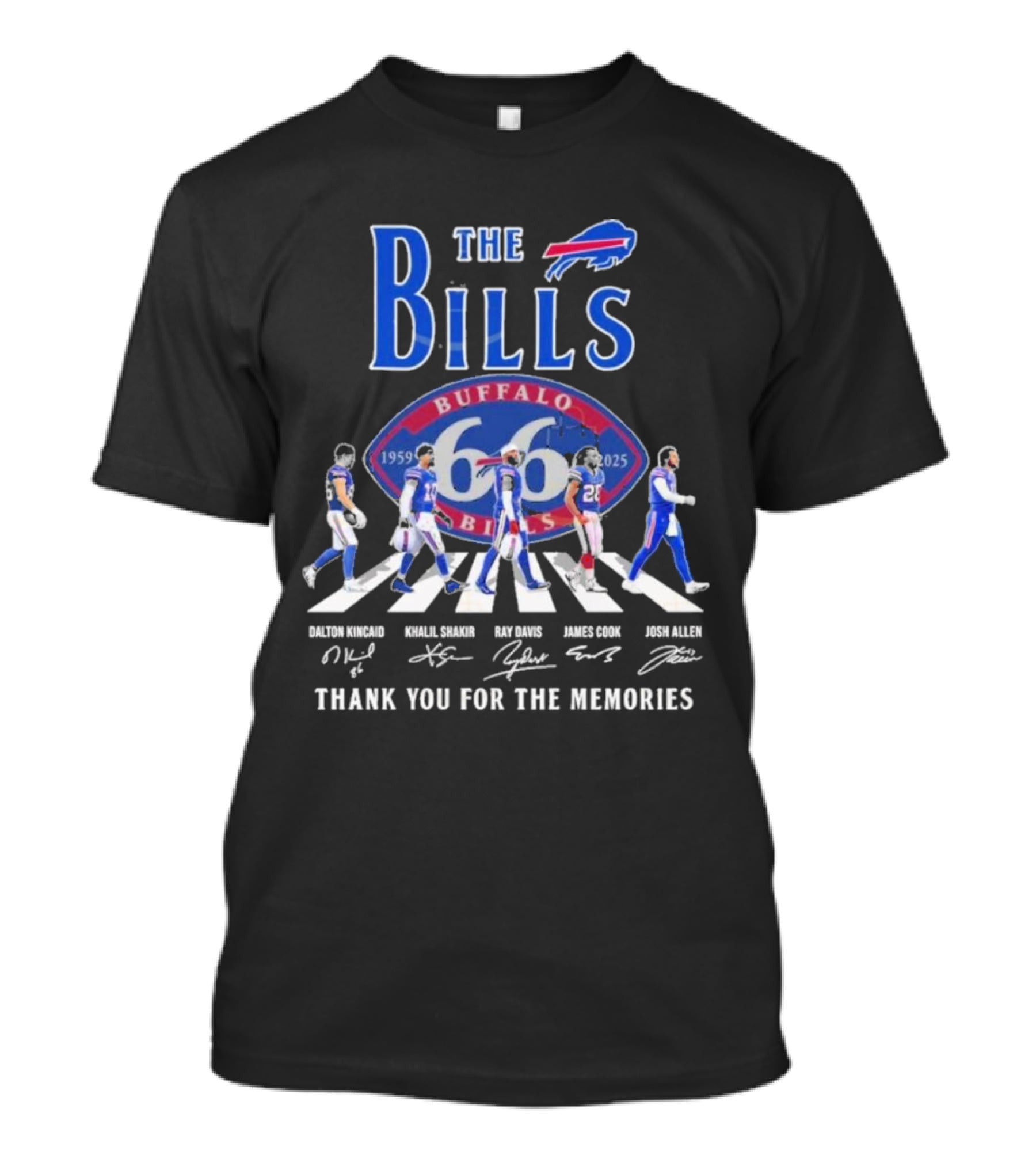 Buffalo Bills 66 Year 1959-2025 Signature Thank You For The Memories Dalton Kincaid Khalil Shakir Ray Davis James Cook Josh Allen T-Shirt