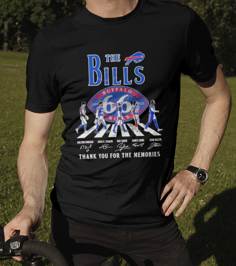 Buffalo Bills 66 Year 1959-2025 Signature Thank You For The Memories Dalton Kincaid Khalil Shakir Ray Davis James Cook Josh Allen T-Shirt