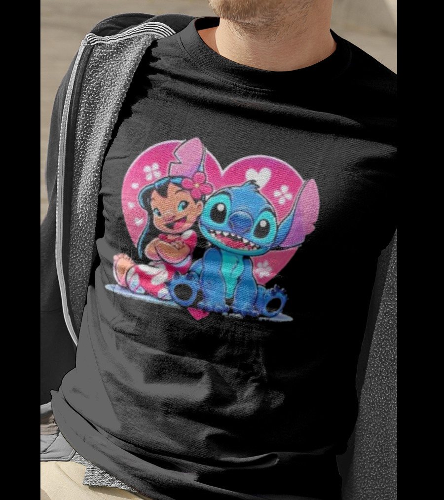 Lilo And Stitch Heart Background Pink Flower Ears Cute Characters T-Shirt