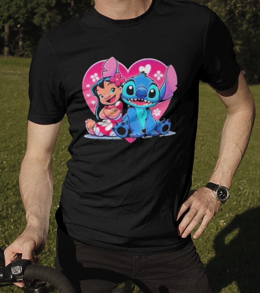 Lilo And Stitch Heart Background Pink Flower Ears Cute Characters T-Shirt