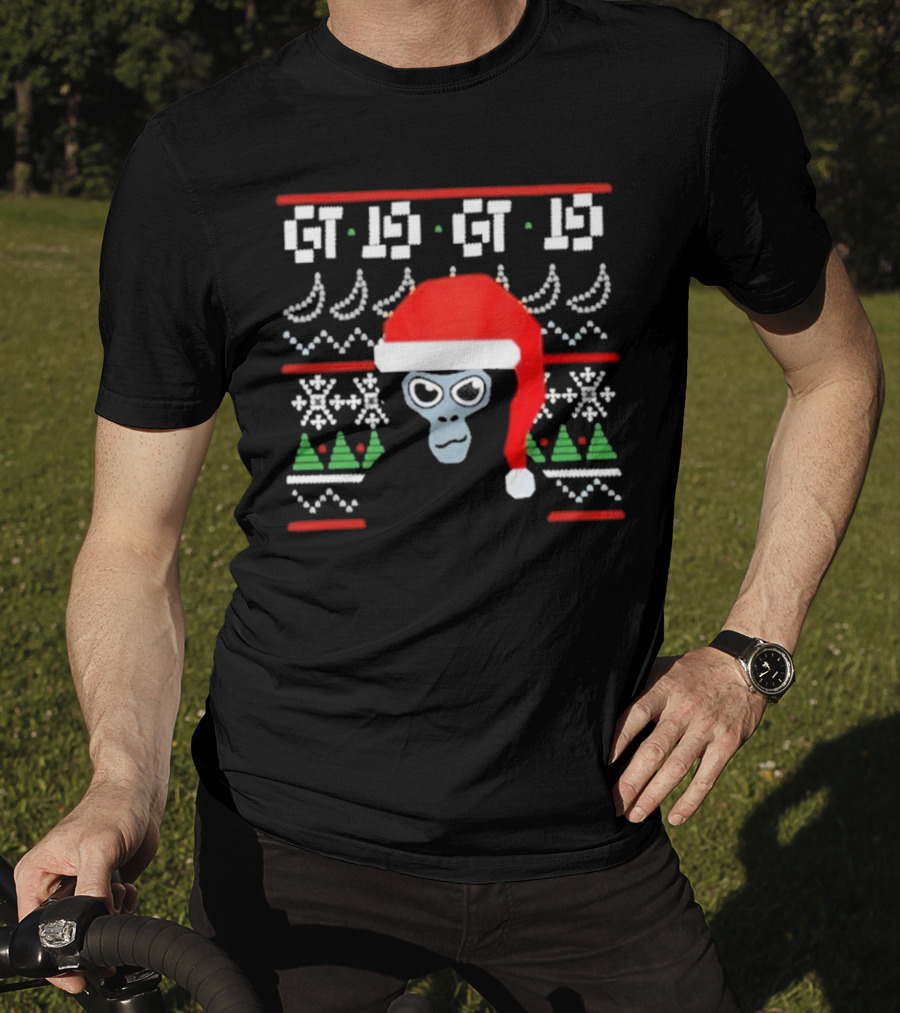 GT IS GT IS Festive Monke Claus Santa Hat Christmas Trees Snowflakes T-Shirt